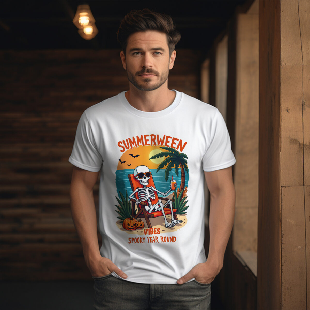 Summerween Skeleton Shirt Funny Halloween Beach Shirt