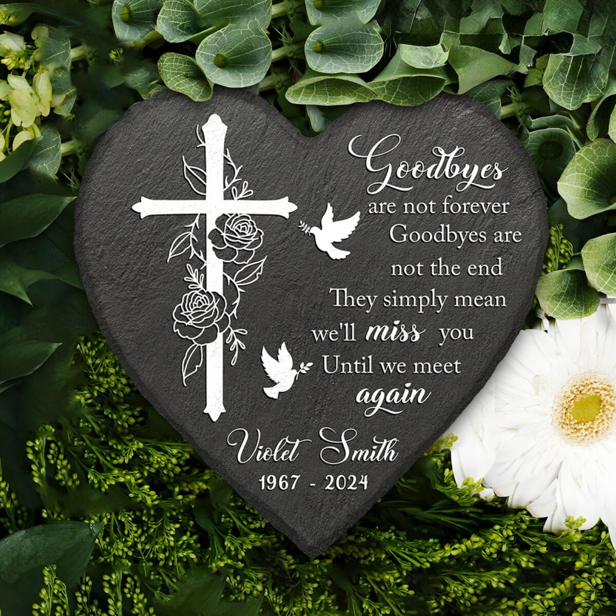 Customized Memorial Stones, Garden Heart Slate, Loss of Loved One, Cross Roses Memorial